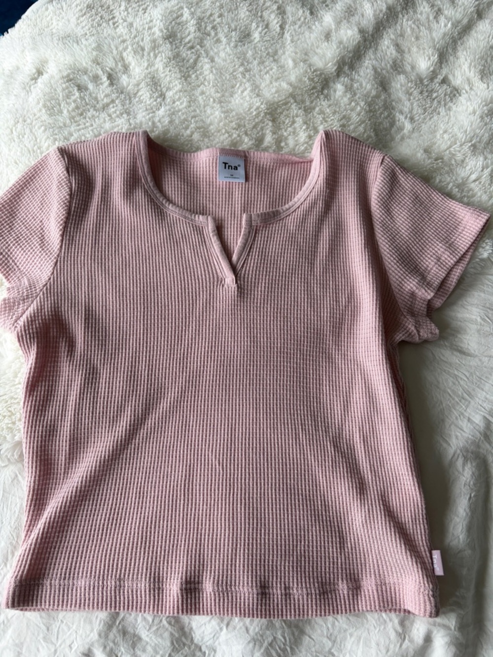TNA Soft Pink Ribbed Notch-Neck Tee